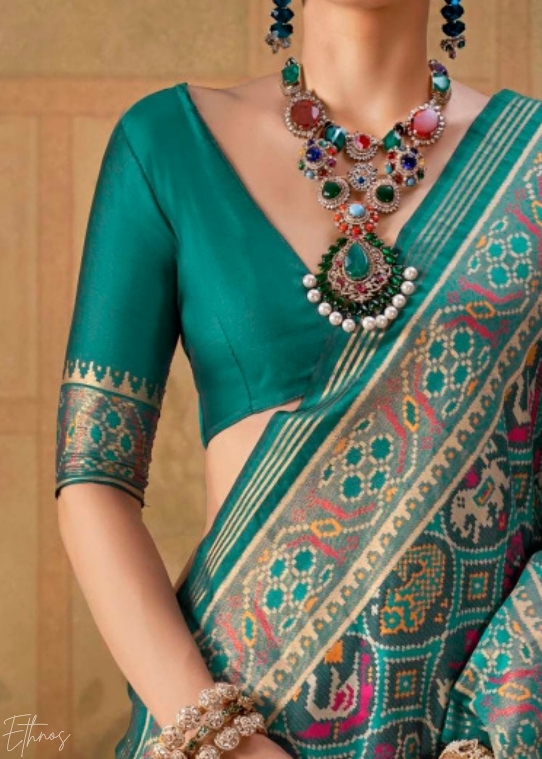 Teal Green Ashwa Patola Silk Saree