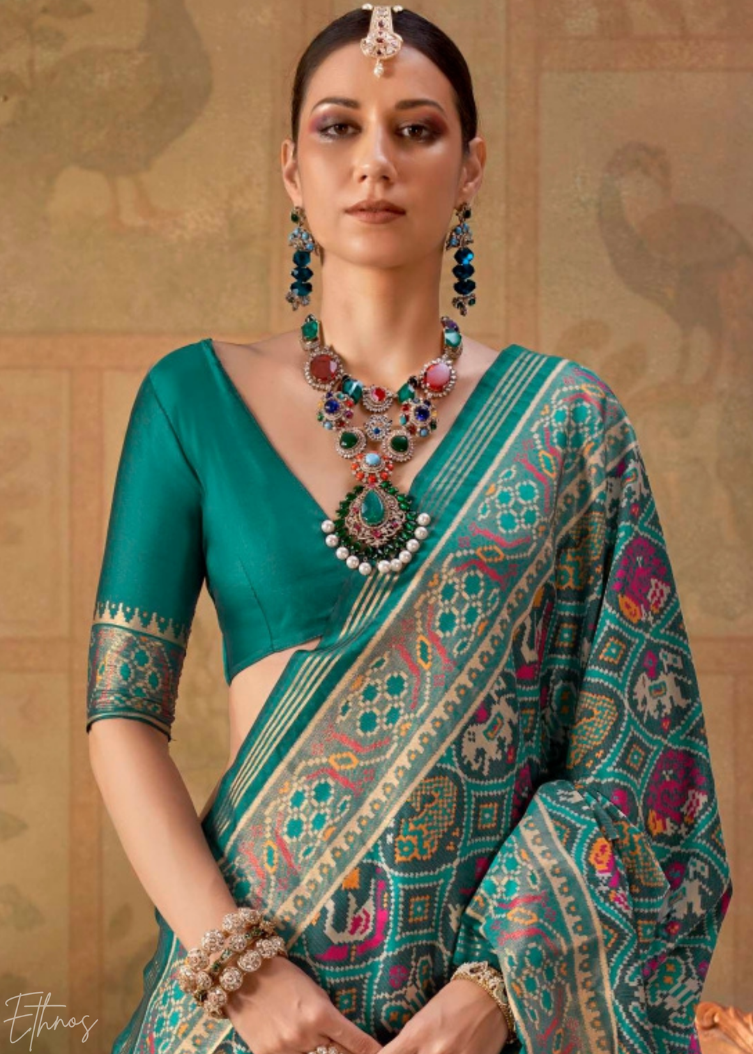 Teal Green Ashwa Patola Silk Saree