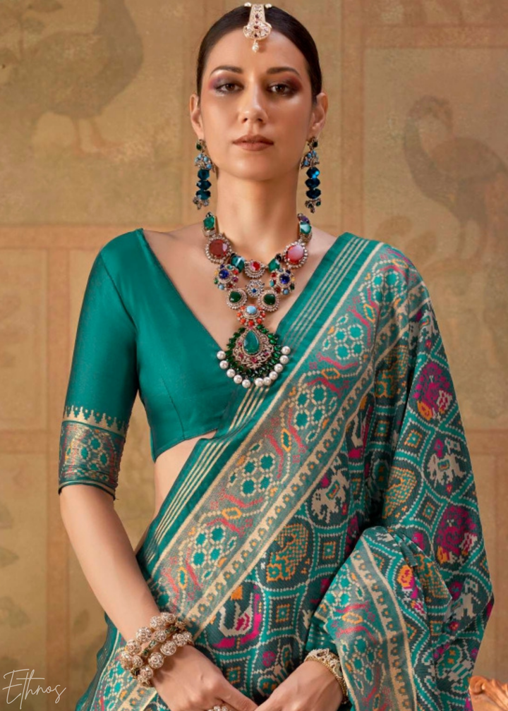 Teal Green Ashwa Patola Silk Saree