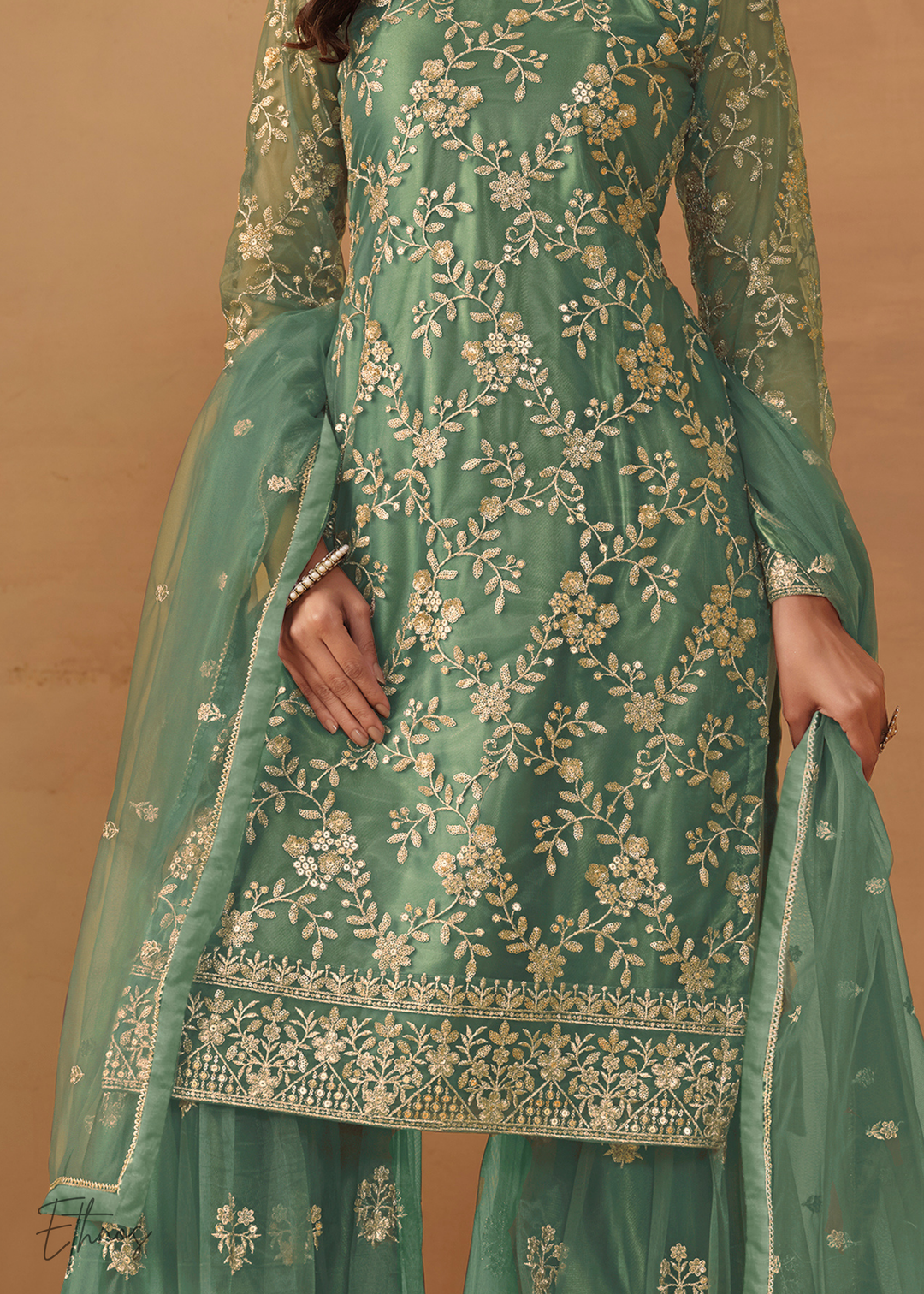 Teal Green Dori Embroidered Net Sharara Suit