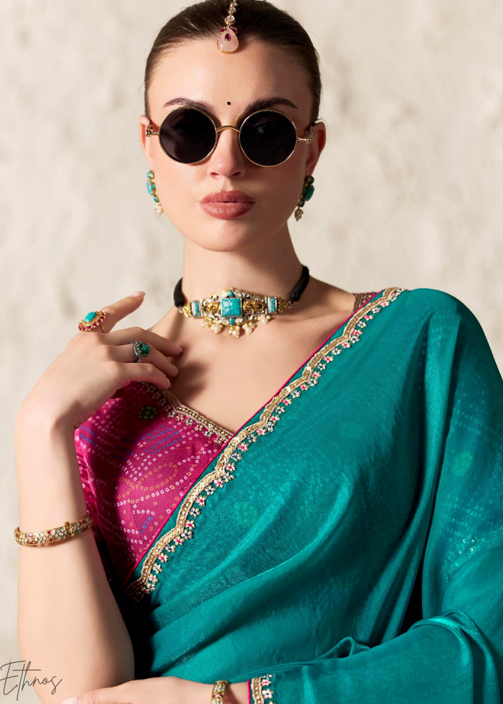 Teal Blue Embroidered Glass Tissue Designer Saree