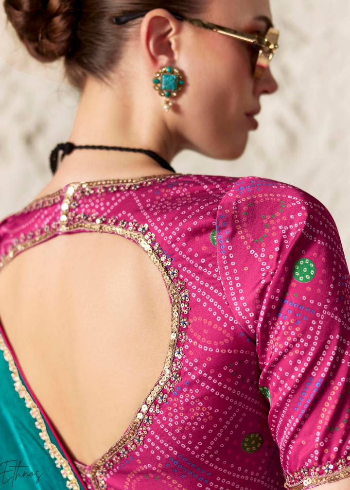 Teal Blue Embroidered Glass Tissue Designer Saree