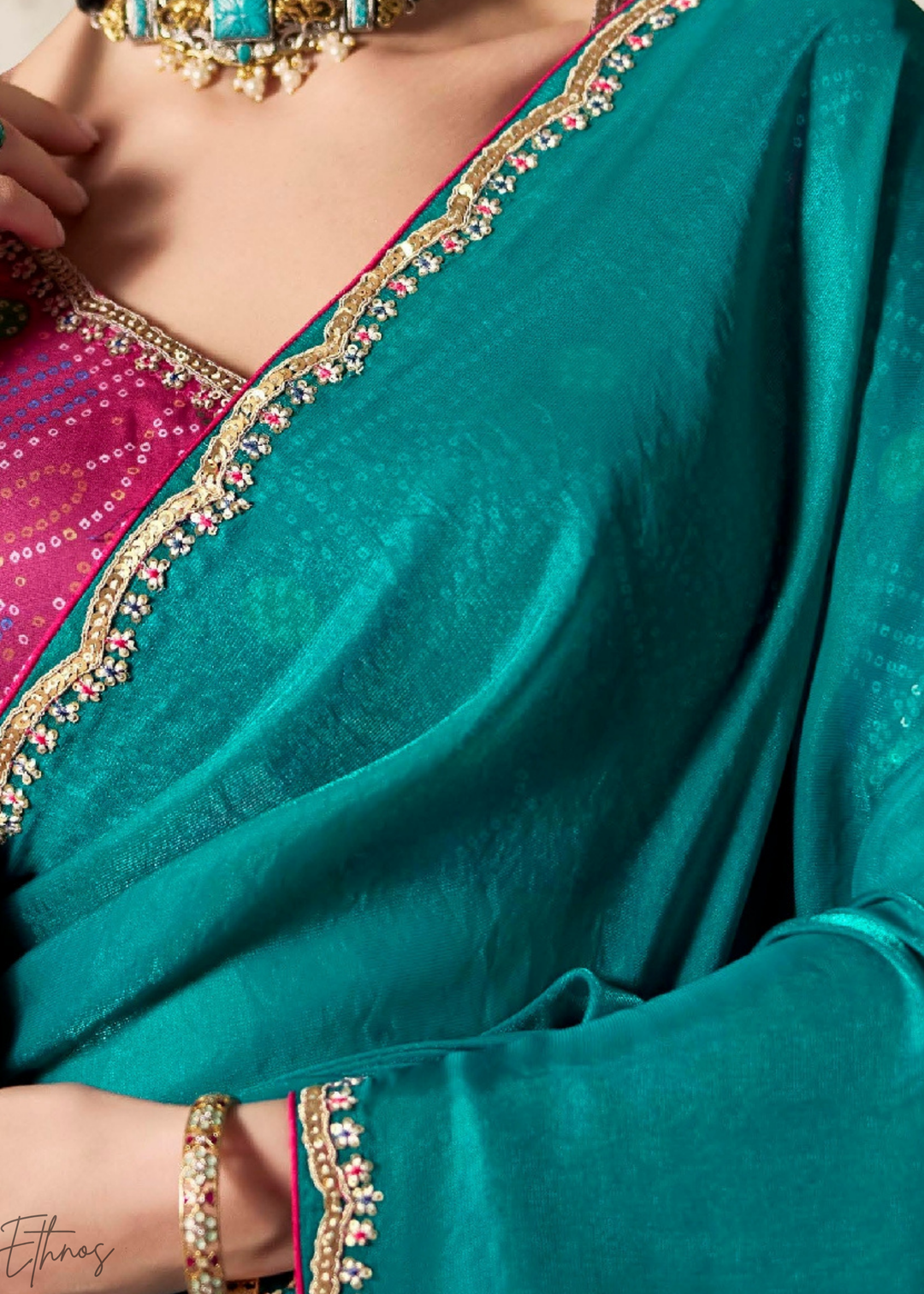 Teal Blue Embroidered Glass Tissue Designer Saree