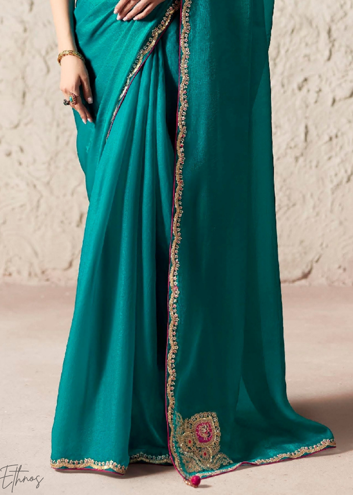 Teal Blue Embroidered Glass Tissue Designer Saree
