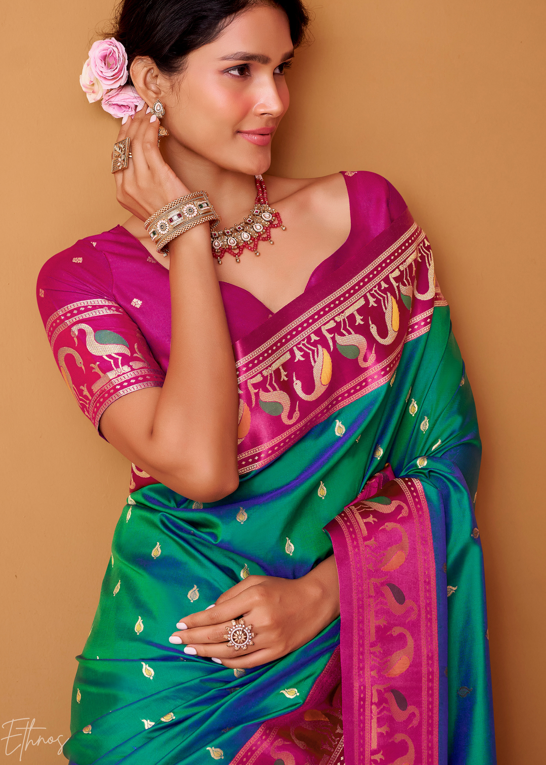 Teal Green Flamingo Satin Silk Saree