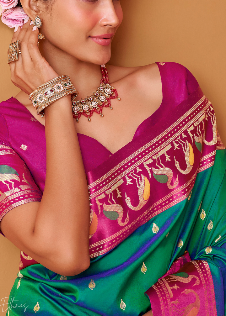 Teal Green Flamingo Satin Silk Saree