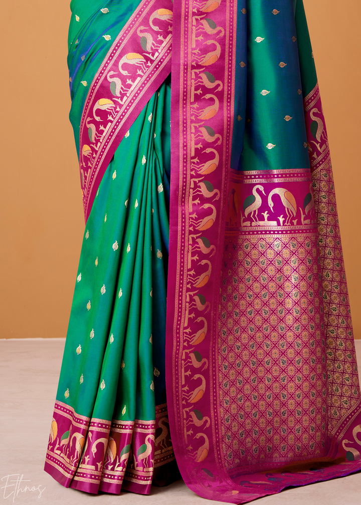 Teal Green Flamingo Satin Silk Saree