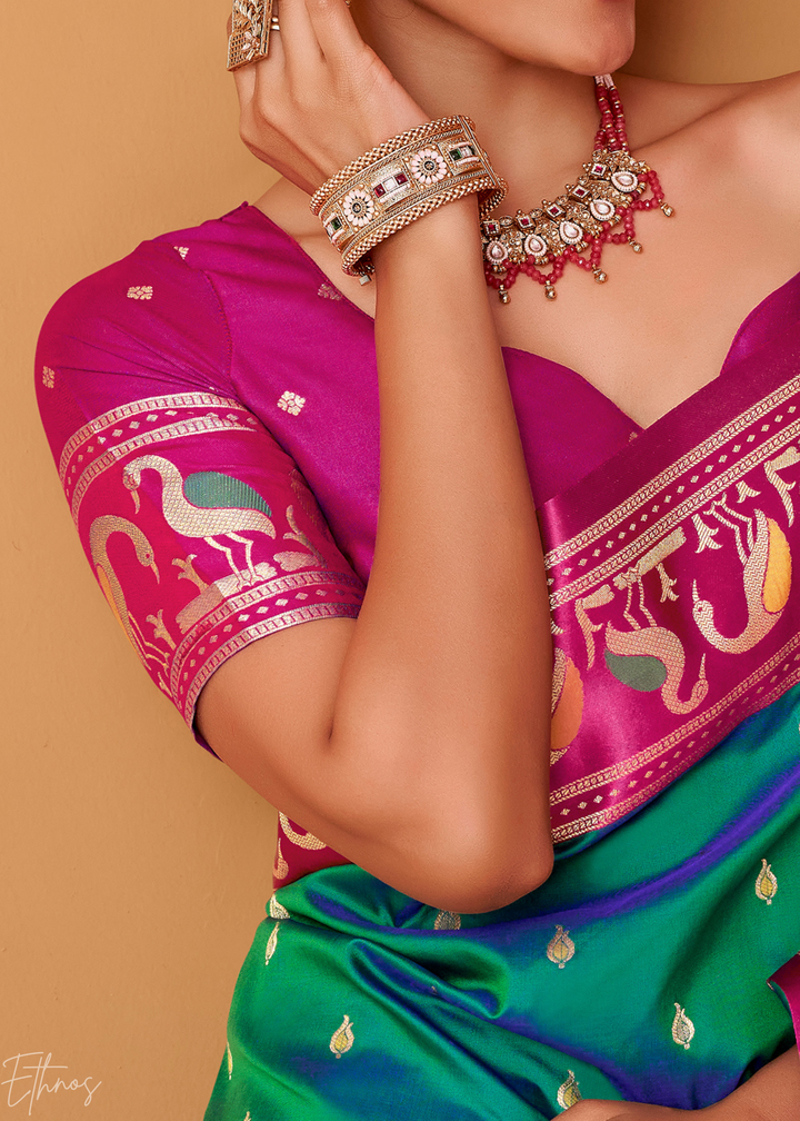 Teal Green Flamingo Satin Silk Saree