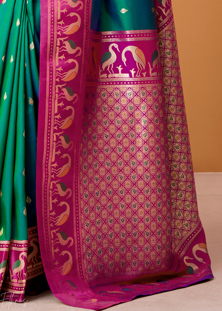 Teal Green Flamingo Satin Silk Saree