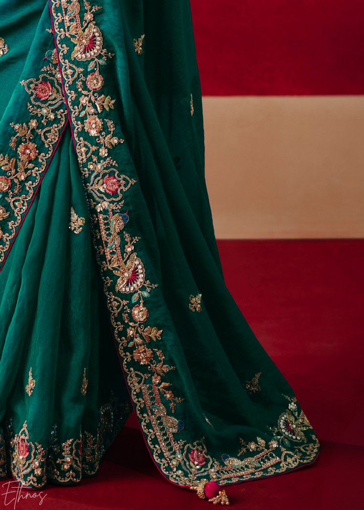 Teal blue Floral Sequin Embroidered Organza Tissue Saree