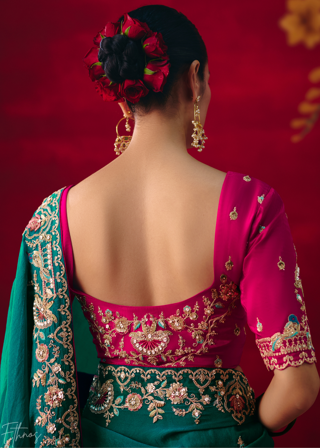 Teal blue Floral Sequin Embroidered Organza Tissue Saree