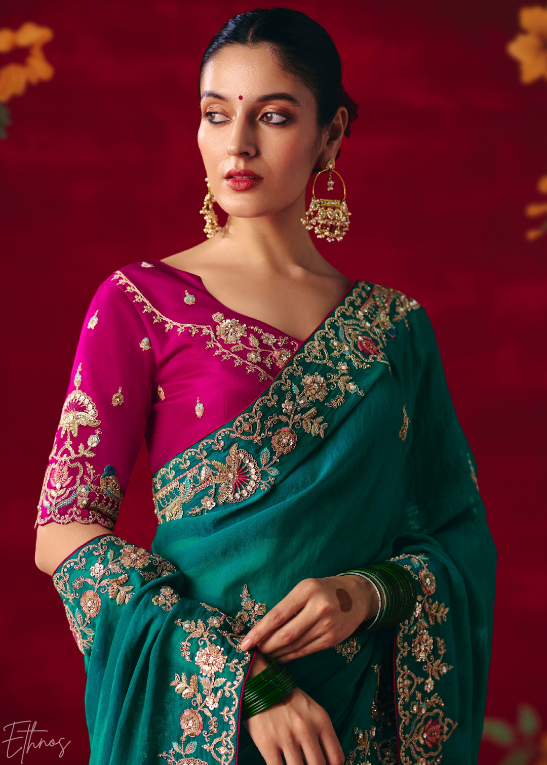 Teal blue Floral Sequin Embroidered Organza Tissue Saree