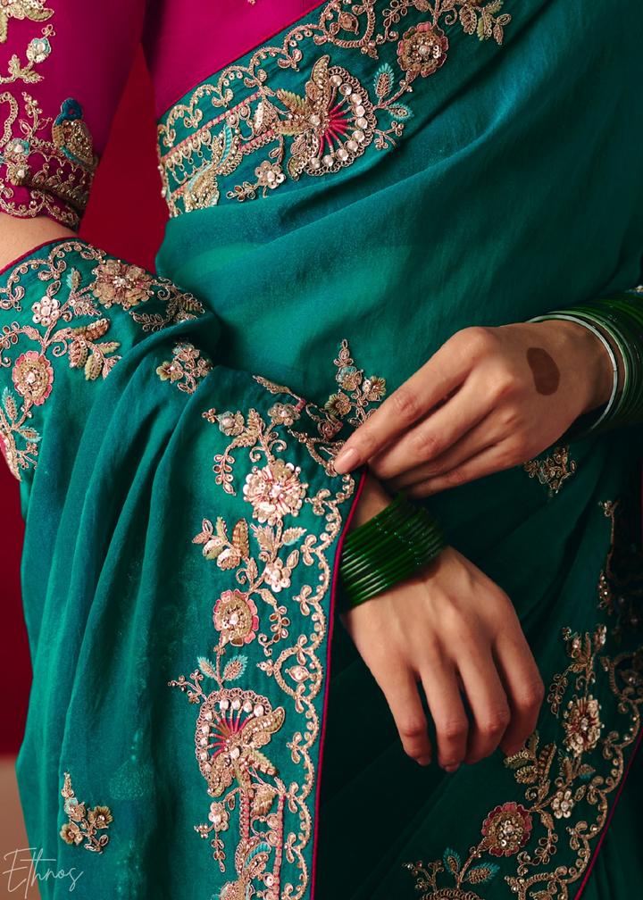 Teal blue Floral Sequin Embroidered Organza Tissue Saree