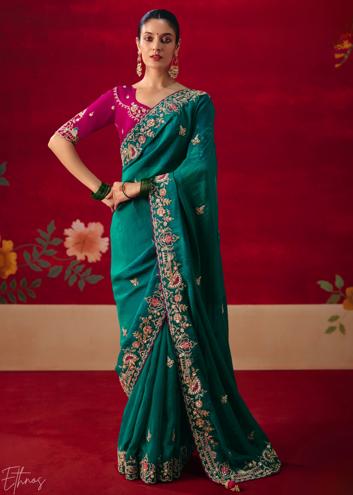 Teal blue Floral Sequin Embroidered Organza Tissue Saree