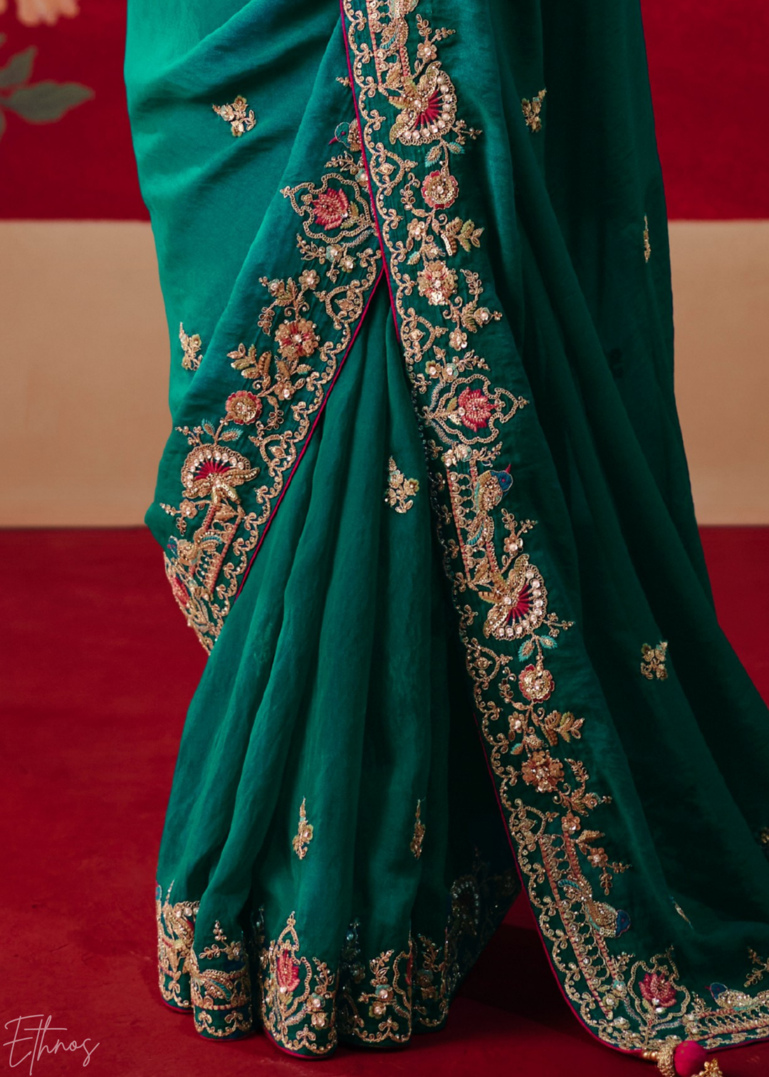 Teal blue Floral Sequin Embroidered Organza Tissue Saree