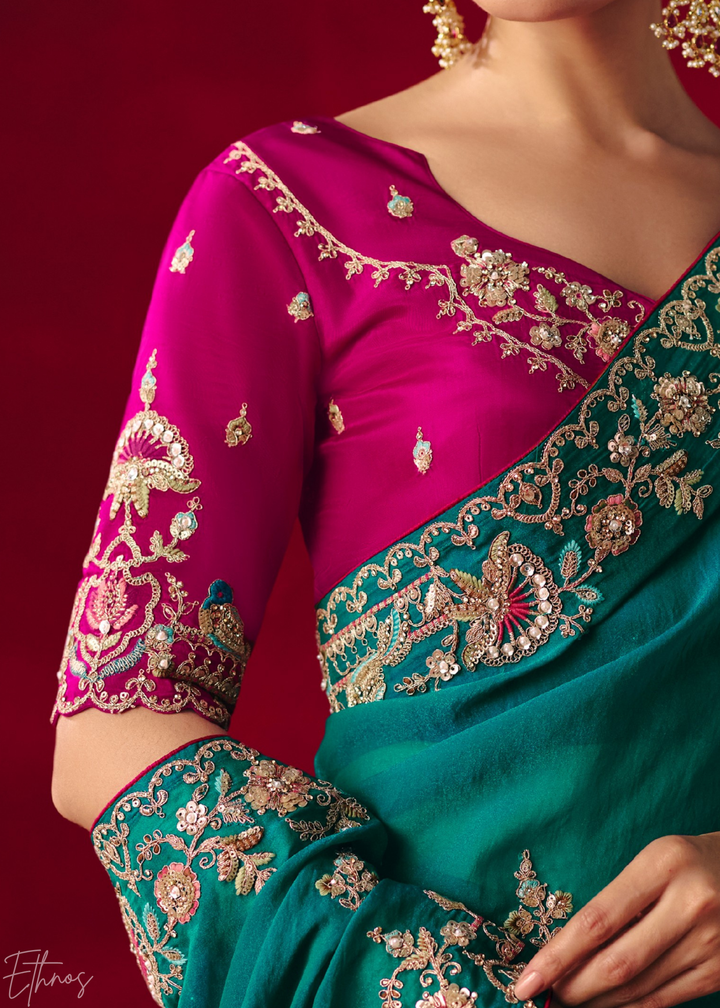 Teal blue Floral Sequin Embroidered Organza Tissue Saree