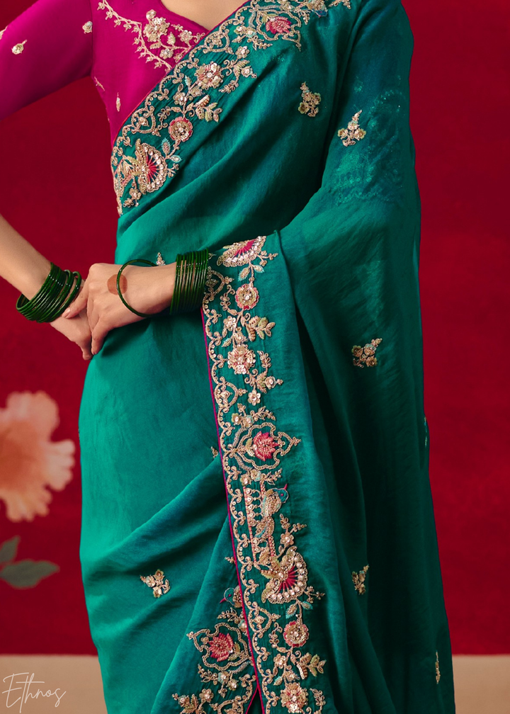 Teal blue Floral Sequin Embroidered Organza Tissue Saree