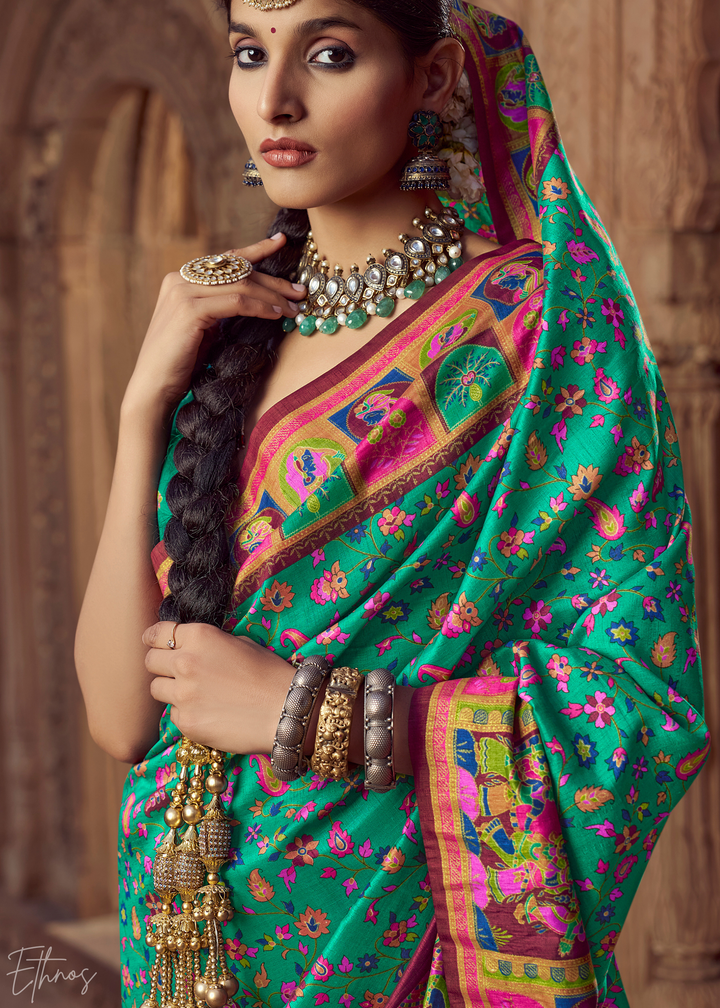 Teal Green Floral Silk Saree