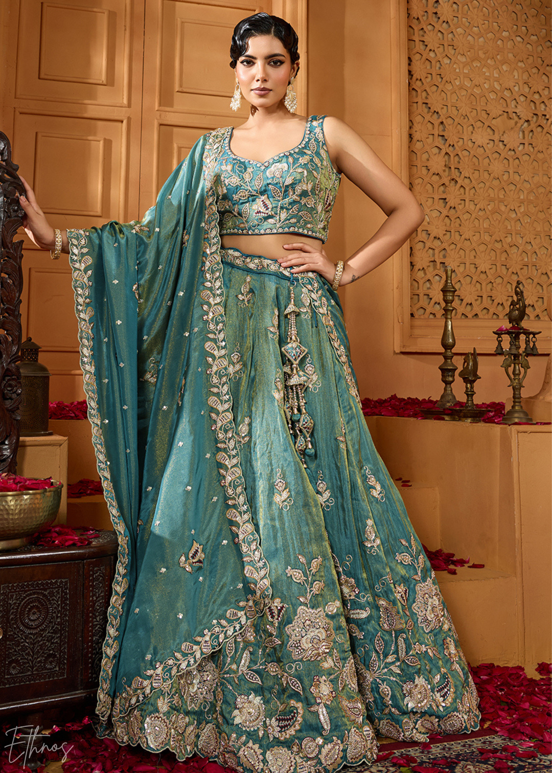 Teal Green Floral Zari Embroidered Tissue Lehenga Choli