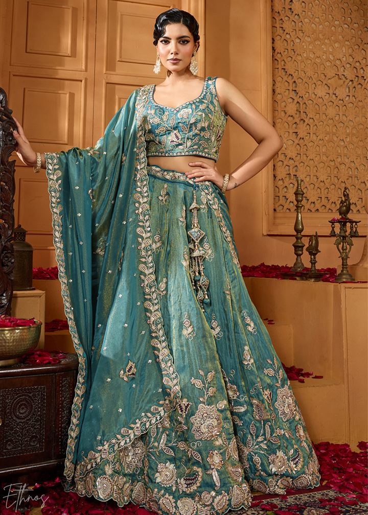 Teal Green Floral Zari Embroidered Tissue Lehenga Choli