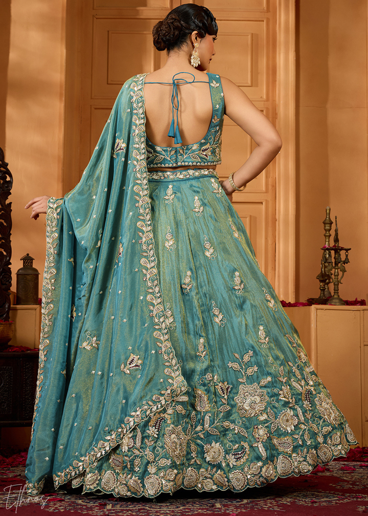 Teal Green Floral Zari Embroidered Tissue Lehenga Choli