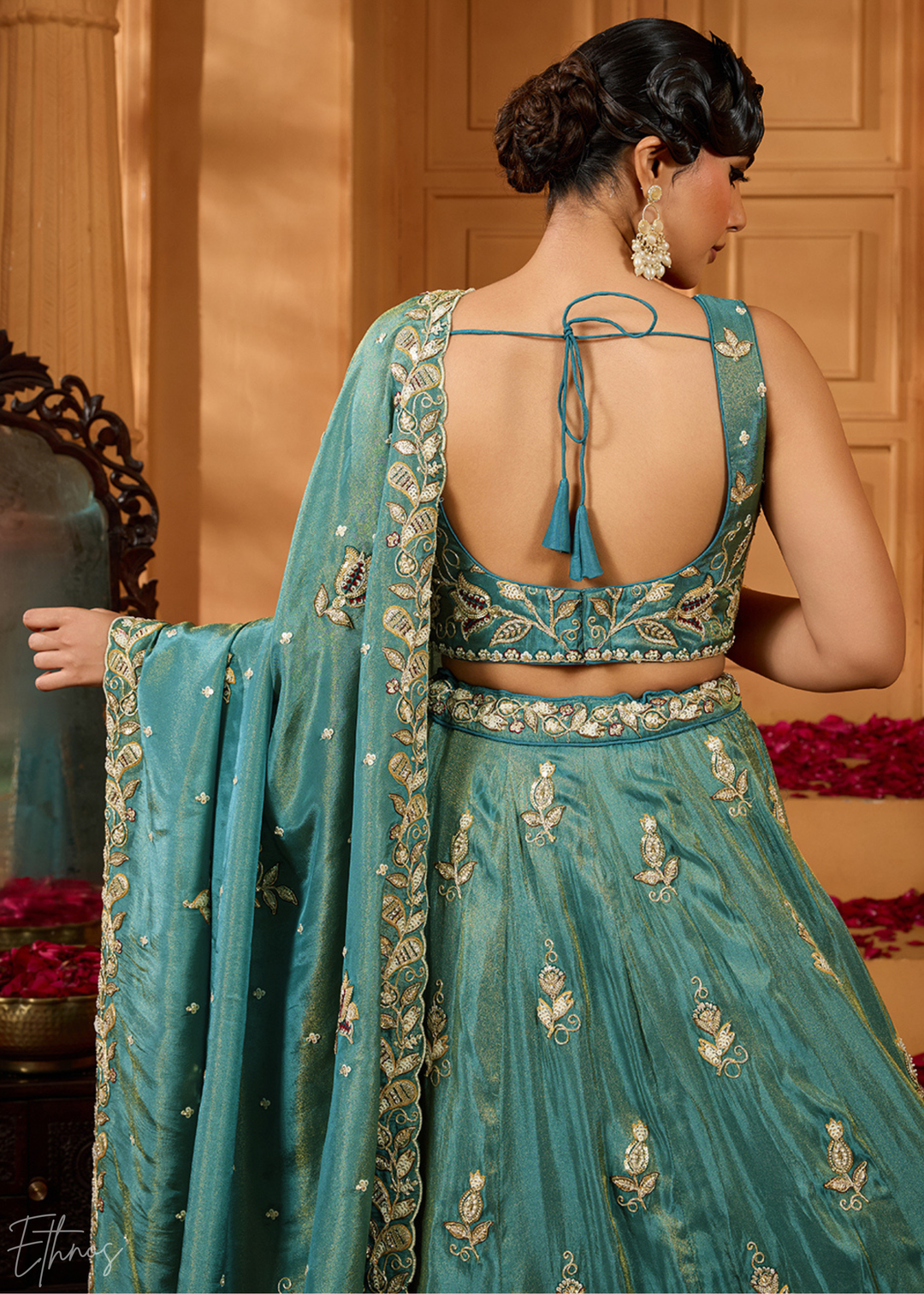 Teal Green Floral Zari Embroidered Tissue Lehenga Choli