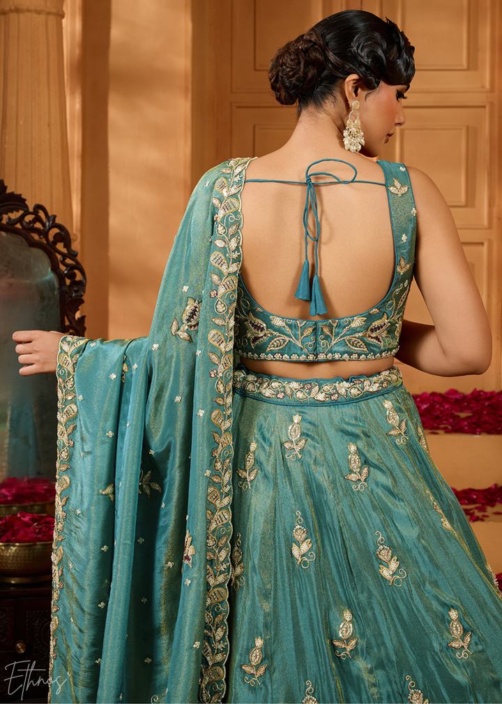 Teal Green Floral Zari Embroidered Tissue Lehenga Choli