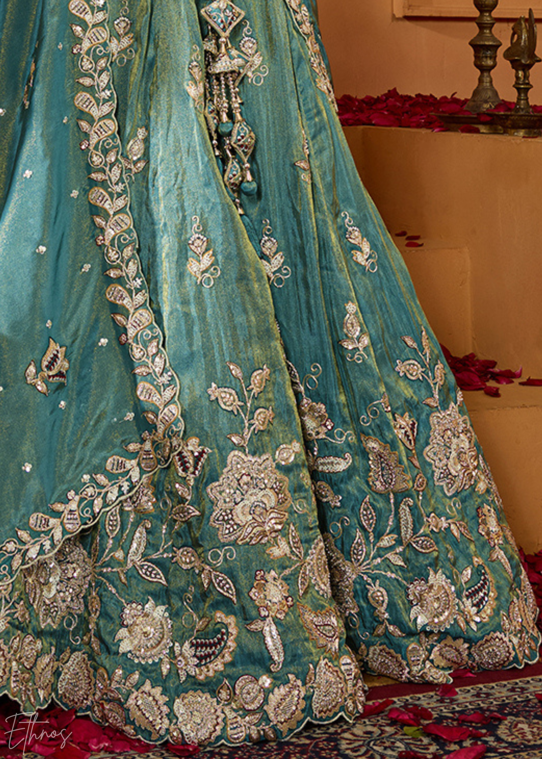 Teal Green Floral Zari Embroidered Tissue Lehenga Choli