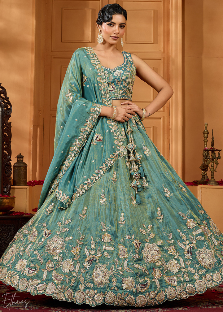 Teal Green Floral Zari Embroidered Tissue Lehenga Choli