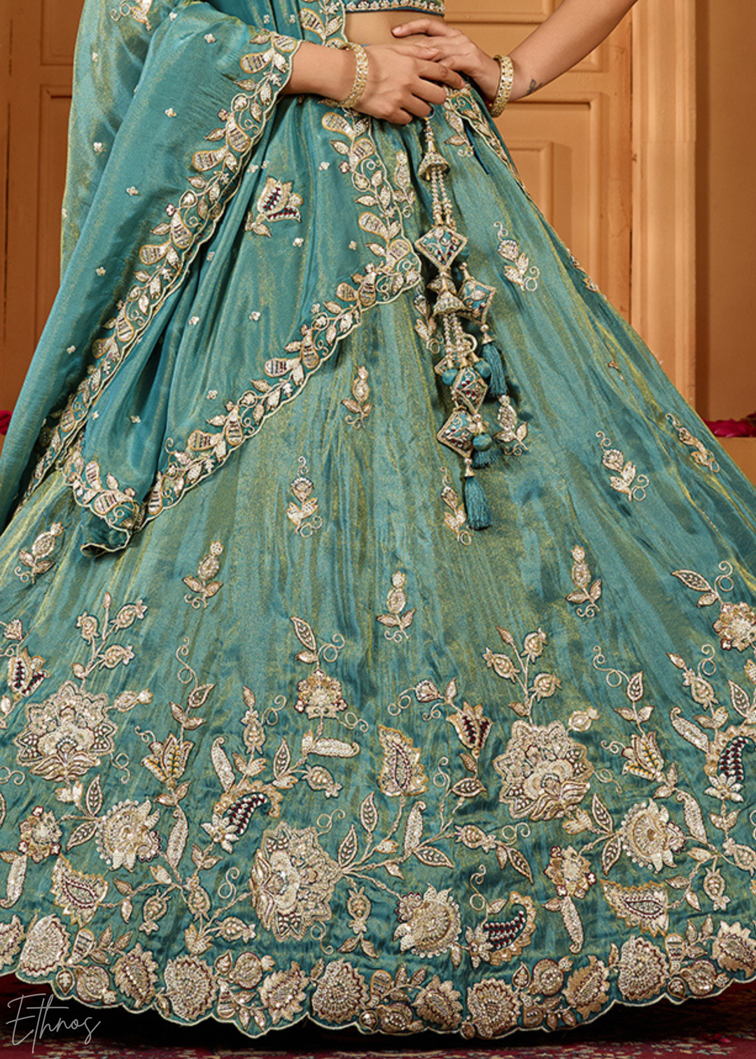 Teal Green Floral Zari Embroidered Tissue Lehenga Choli