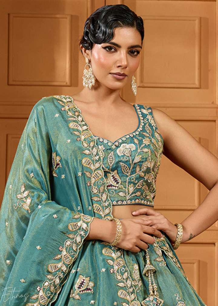 Teal Green Floral Zari Embroidered Tissue Lehenga Choli