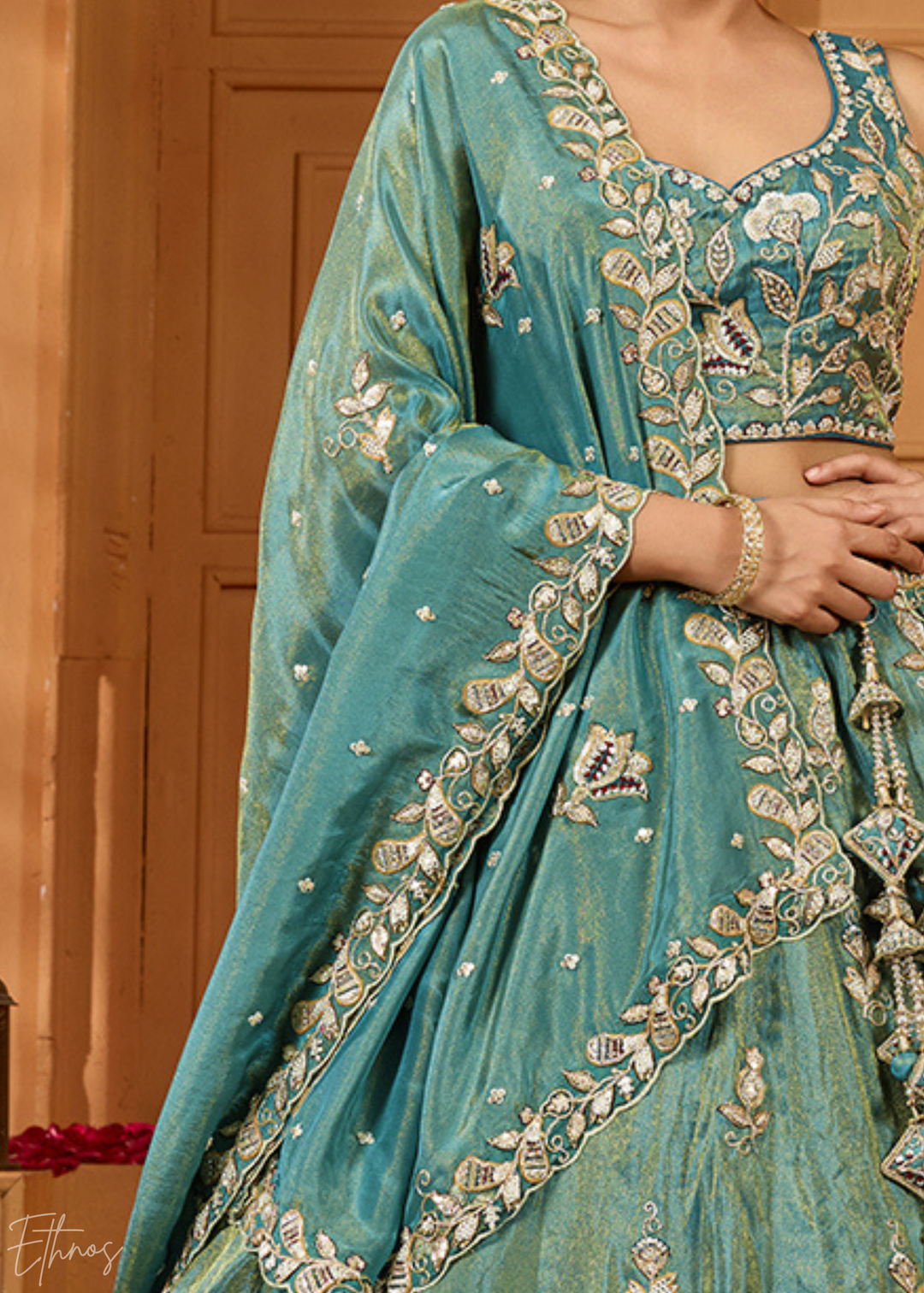 Teal Green Floral Zari Embroidered Tissue Lehenga Choli
