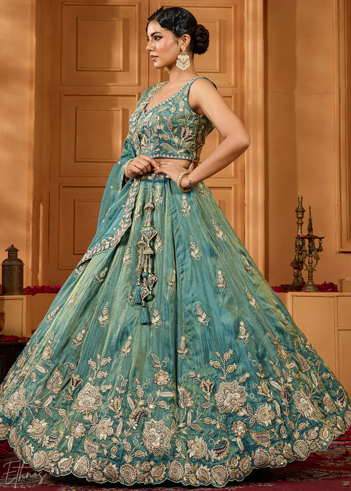 Teal Green Floral Zari Embroidered Tissue Lehenga Choli
