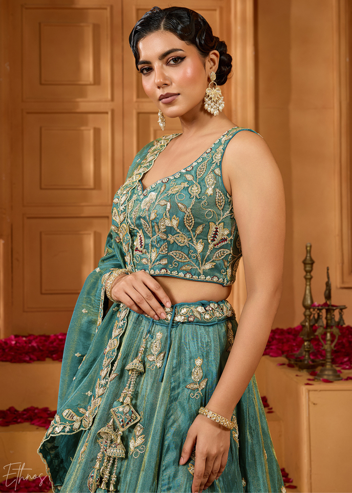 Teal Green Floral Zari Embroidered Tissue Lehenga Choli