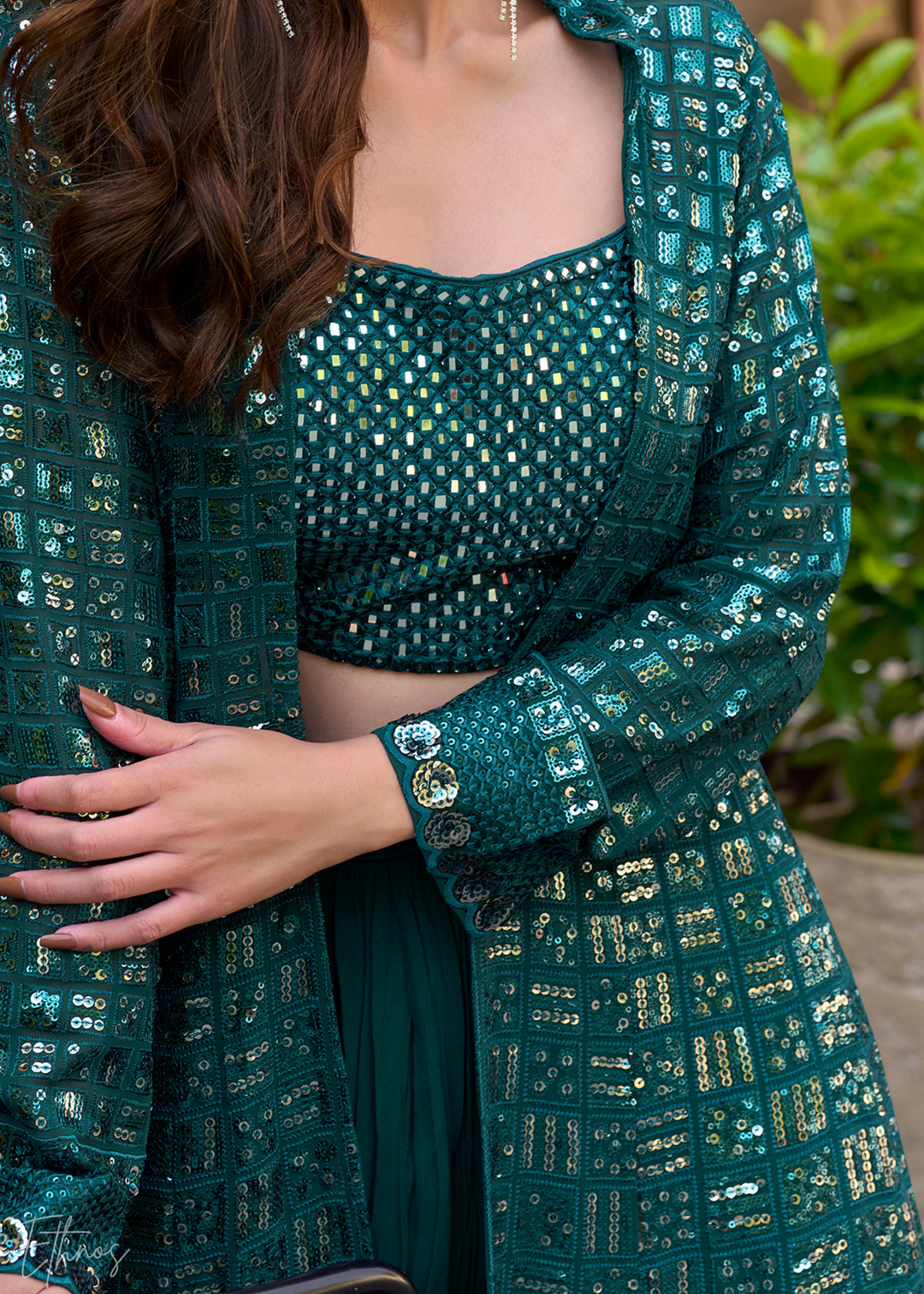 Teal Green Georgette Jacket Choli Palazzo Suit