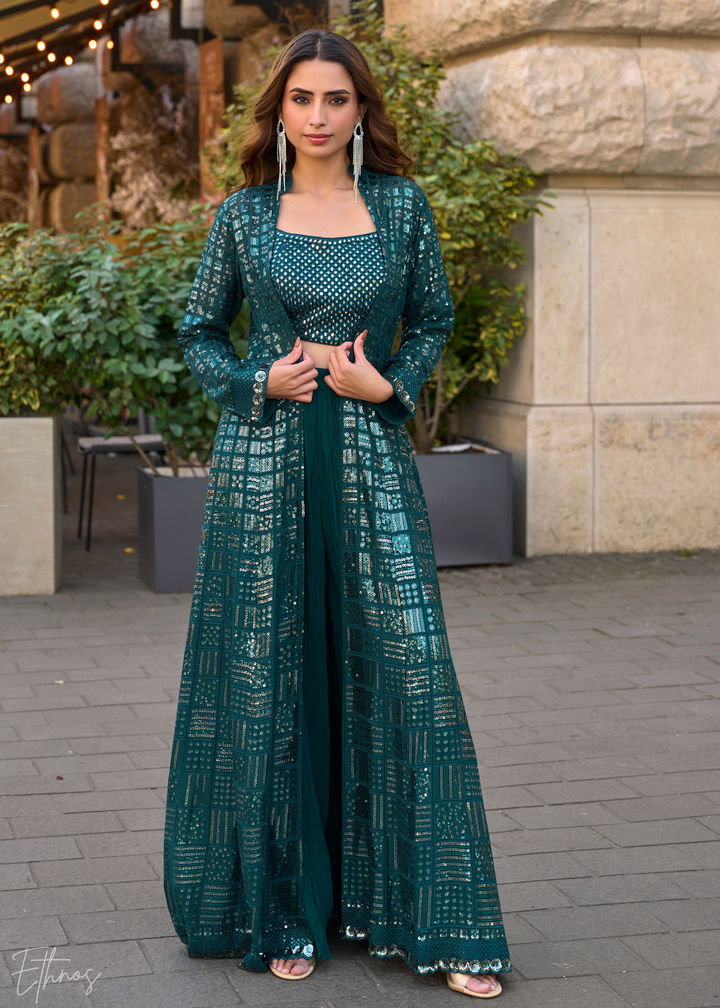 Teal Green Georgette Jacket Choli Palazzo Suit