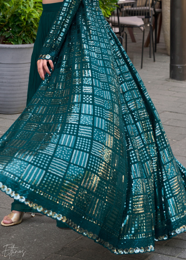 Teal Green Georgette Jacket Choli Palazzo Suit