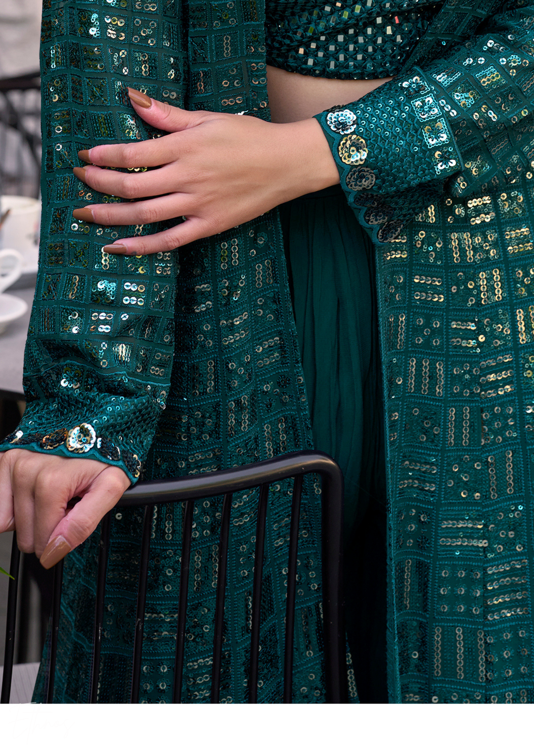 Teal Green Georgette Jacket Choli Palazzo Suit