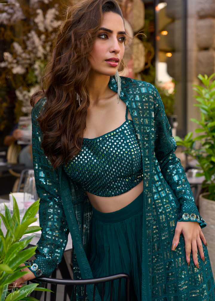 Teal Green Georgette Jacket Choli Palazzo Suit