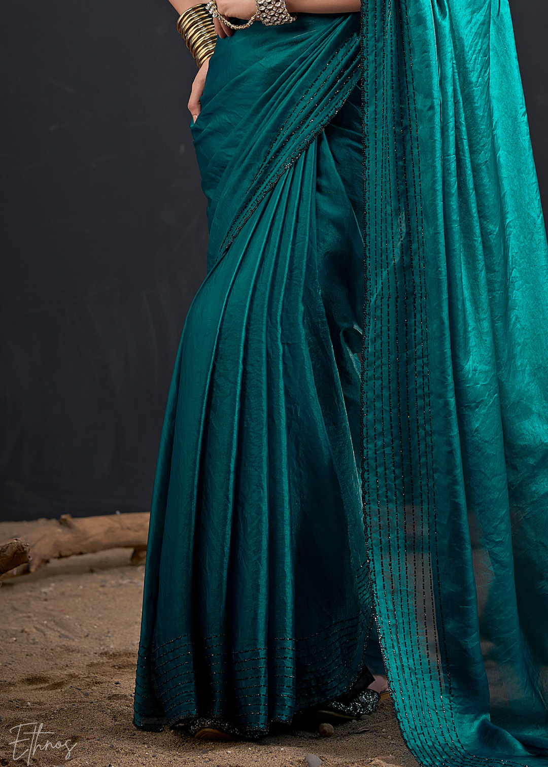 Teal Green Linear-Flora Silk Saree