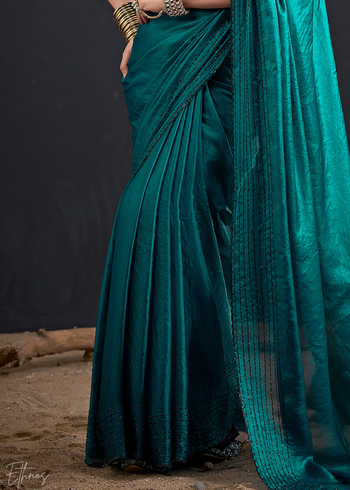 Teal Green Linear-Flora Silk Saree