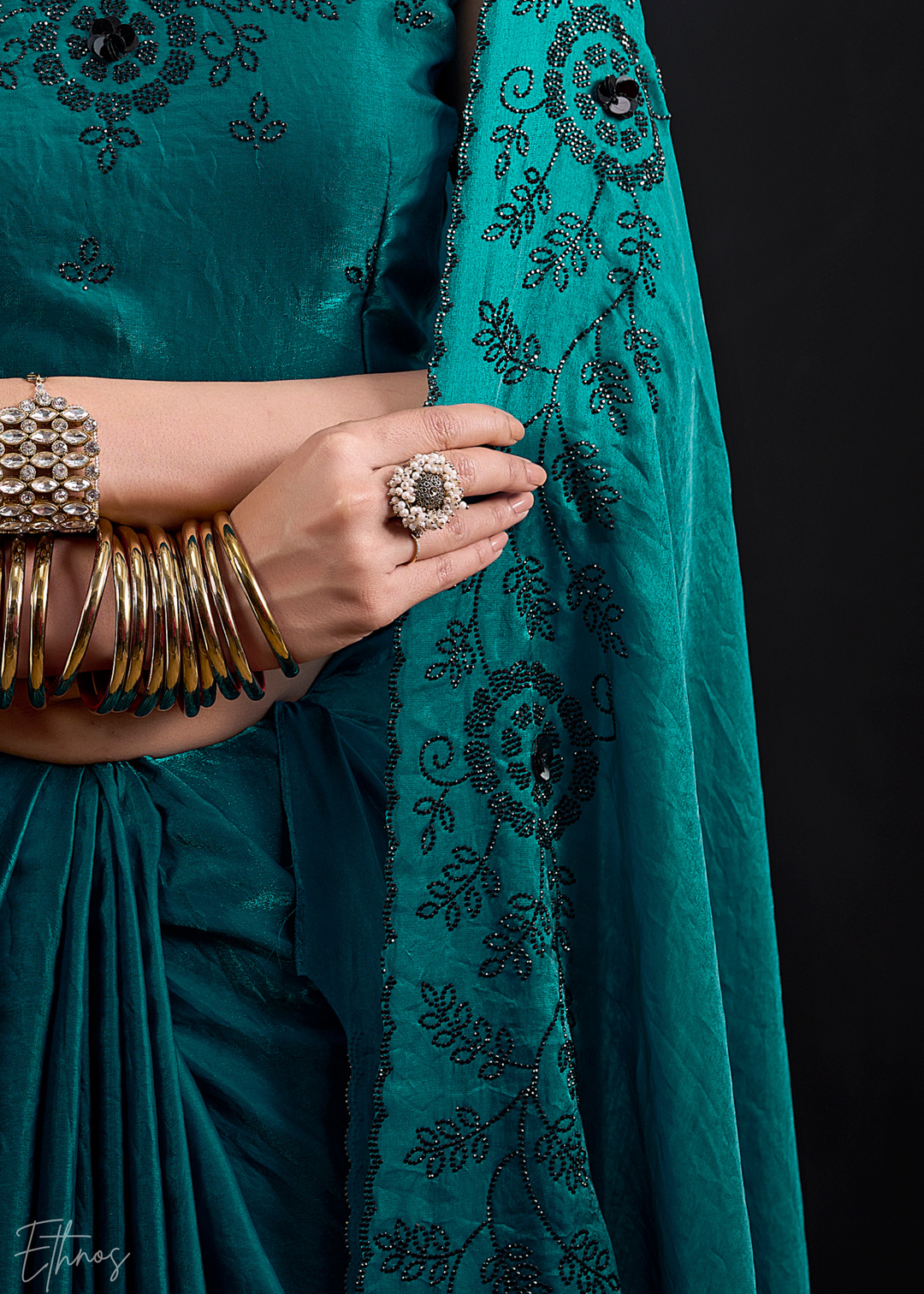 Teal Green Linear-Flora Silk Saree
