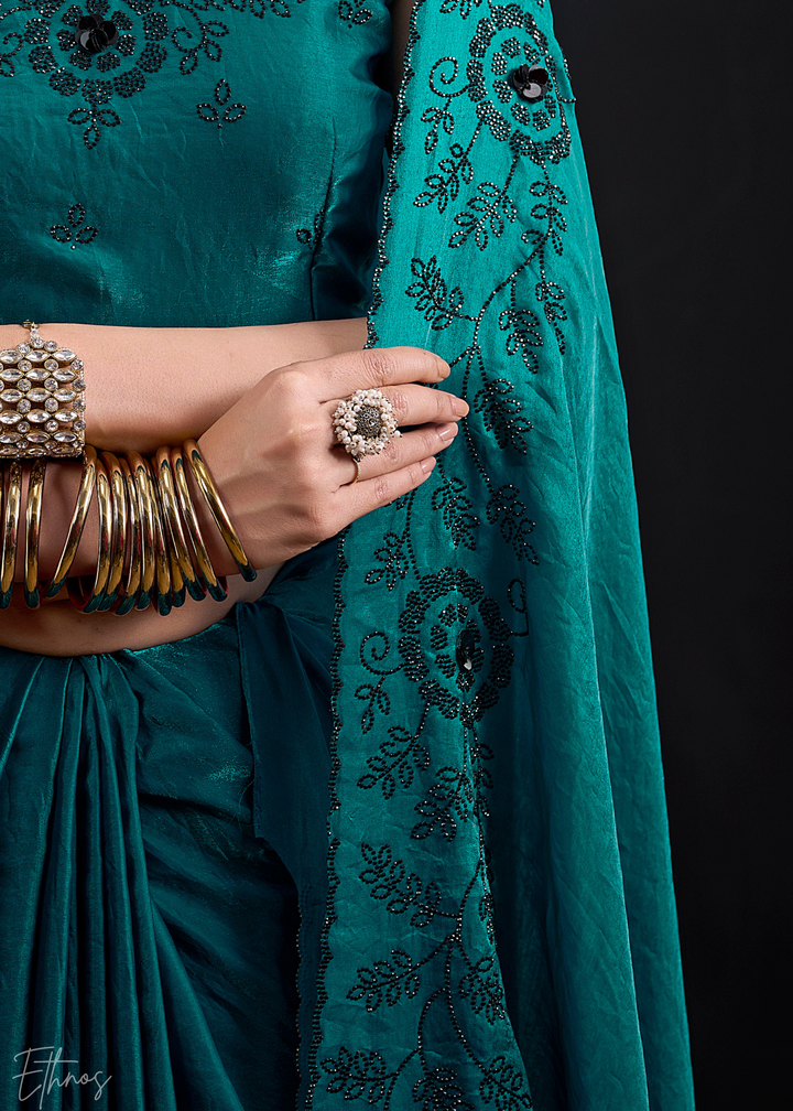 Teal Green Linear-Flora Silk Saree
