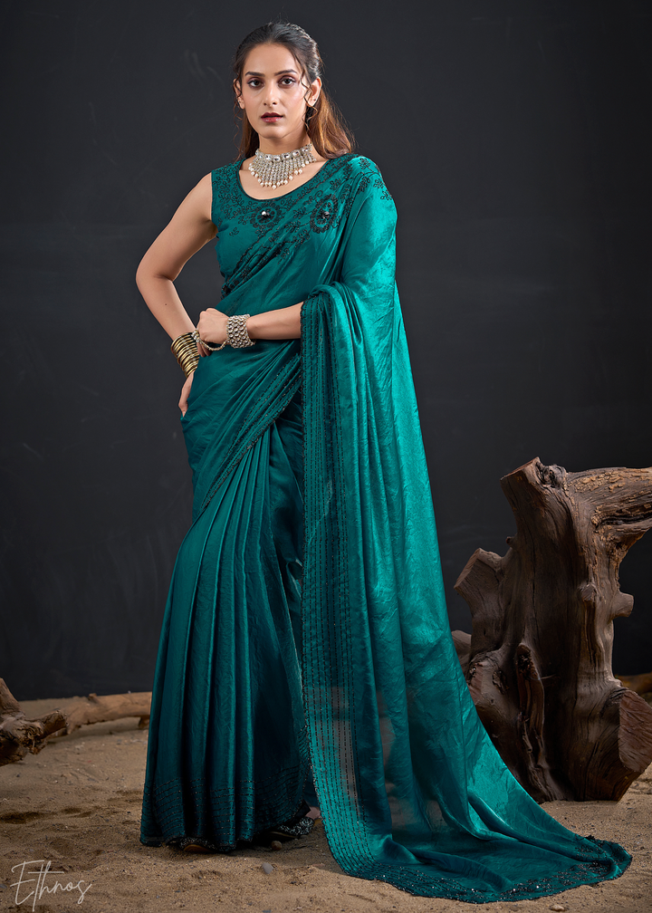 Teal Green Linear-Flora Silk Saree