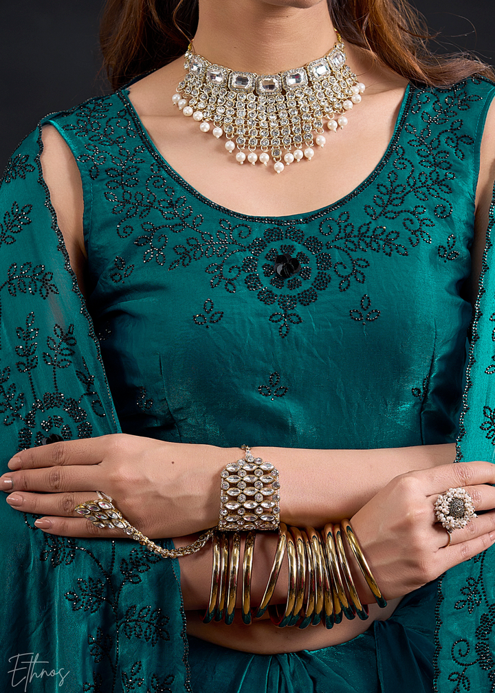Teal Green Linear-Flora Silk Saree