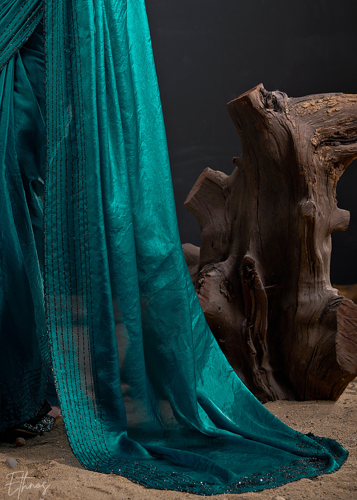 Teal Green Linear-Flora Silk Saree
