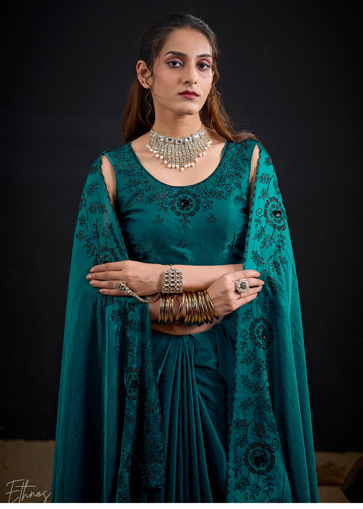 Teal Green Linear-Flora Silk Saree