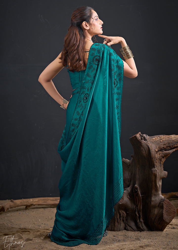 Teal Green Linear-Flora Silk Saree
