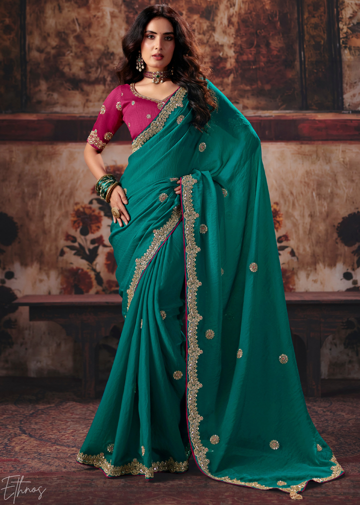 Teal Green Scattered Motif Bember Silk Saree