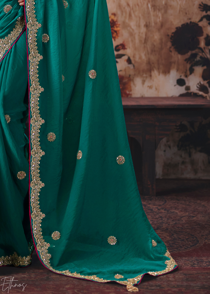 Teal Green Scattered Motif Bember Silk Saree